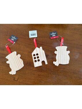 Wooden Christmas Ornaments - House & Snowman Shapes - Craft DIY Decor With Red R